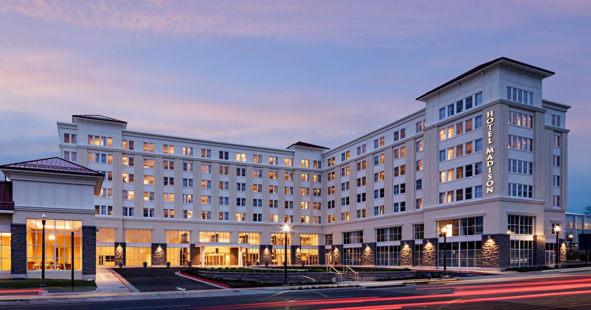 Hotel Madison exterior at dusk